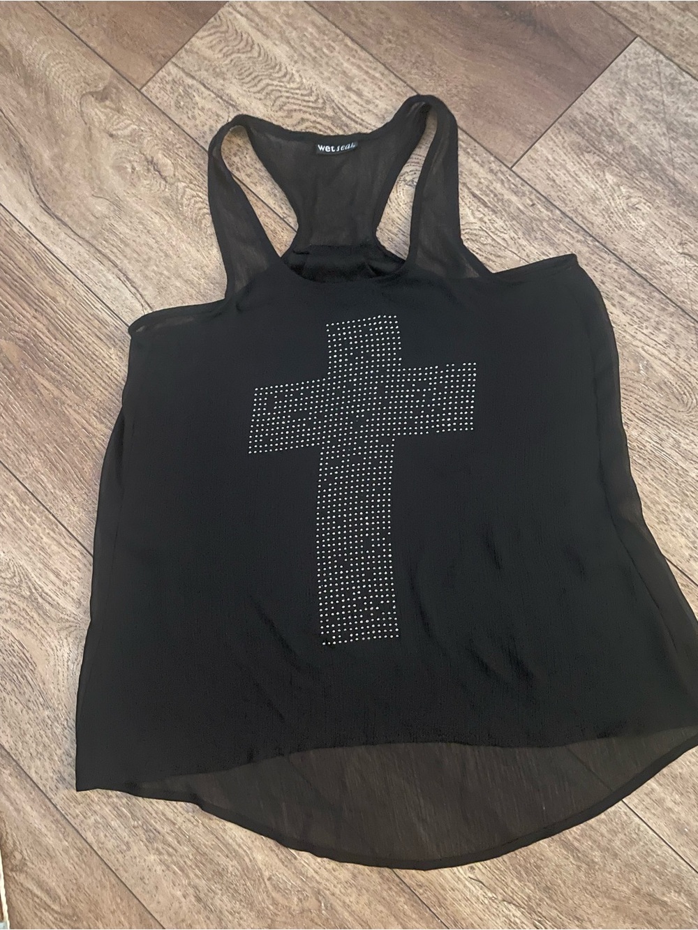 Wet Seal Black Rhinestone Cross Racerback Tank